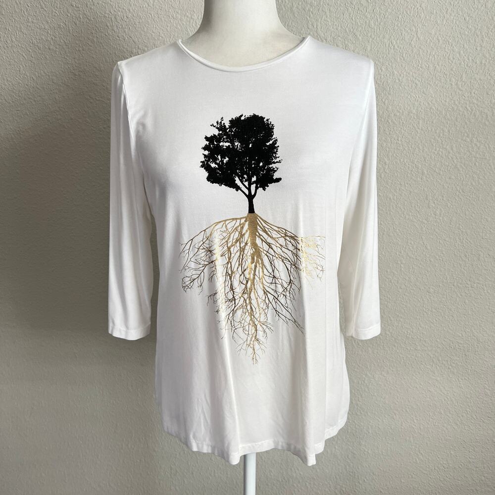 Mikah White Tree Root Graphic Top Women's Large Stretch 3/4 Sleeve Earth Nature